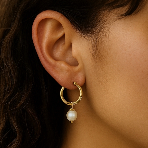 🆕️Minimalist Hoop Earrings 18K Gold Plated Stainless Steel Freshwater Pearl - Picture 10 of 11